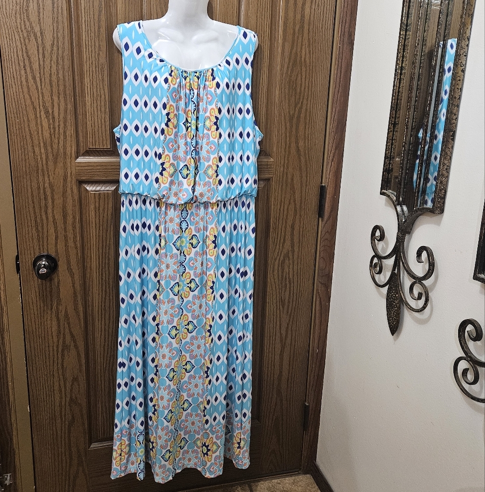 Ruby Rd Blue and White Sleeveless Scoop Neck Maxi Sundress 1X EUC